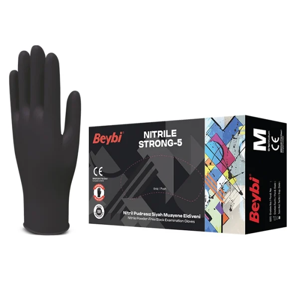 Beybi Strong-5 Siyah Nitril Pudrasız Muayene Eldiveni